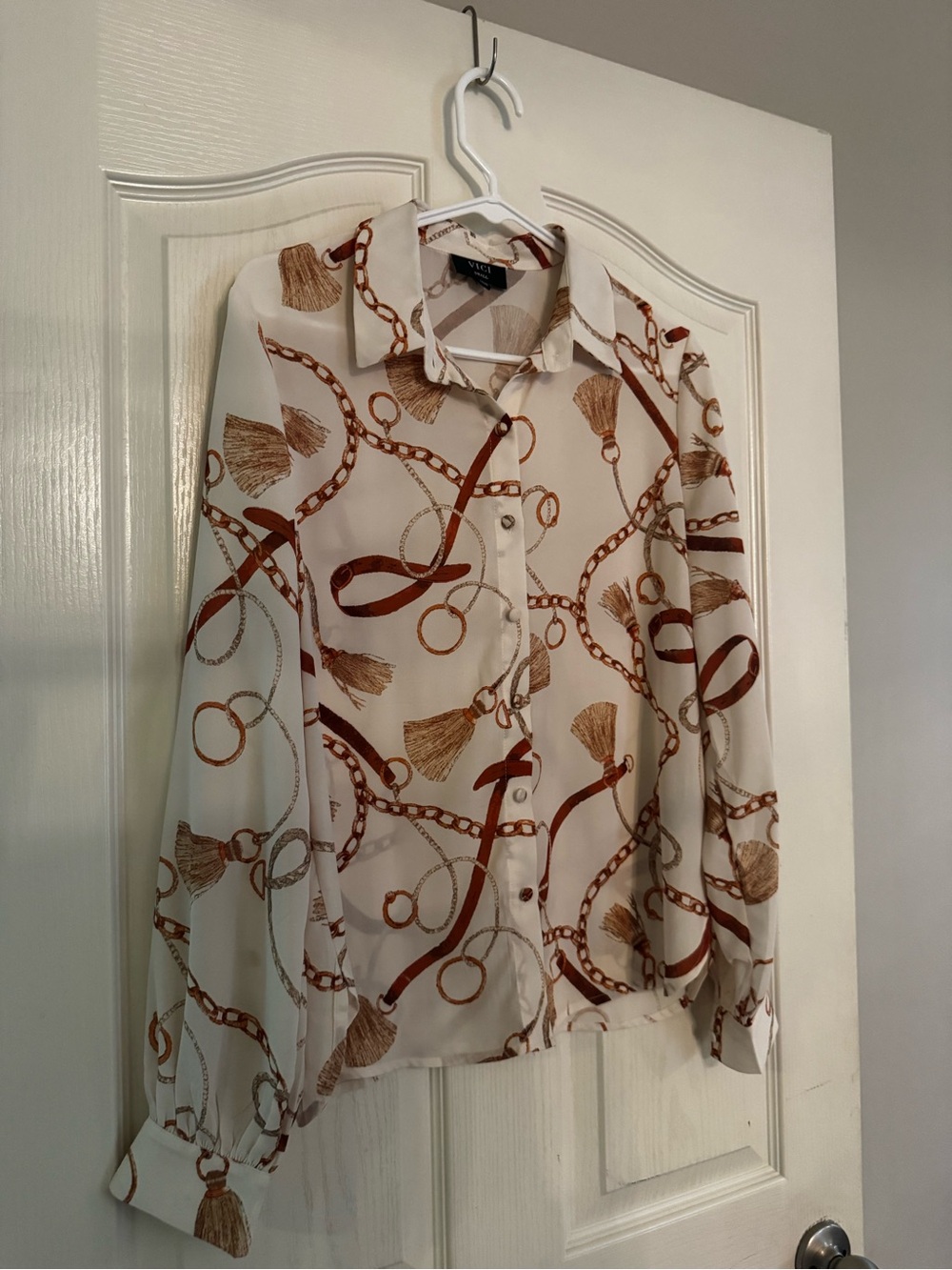 Vici Cream Button-Down Shirt with Brown Chain & Tassel Print